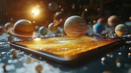 Miniature planets and celestial bodies orbiting above a glowing digital tablet screen, creating a vivid cosmic scene with bright stars and a sun in the background