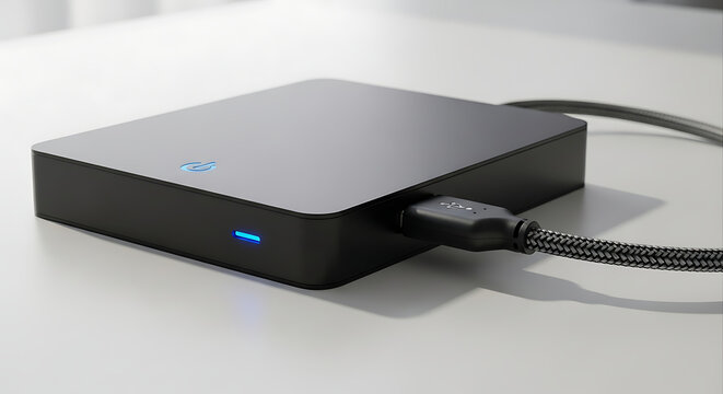 Close up of a black external hard drive with a usb cable plugged into it on a white surface ai generated