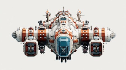 Fototapeta premium A futuristic spacecraft, predominantly white and orange, features multiple engines, detailed paneling, and a central cockpit. It's presented in a front-on view against a plain grey background