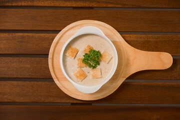 Creamy Mushroom Soup with Croutons. Rich and velvety soup made with fresh mushrooms, garnished with...