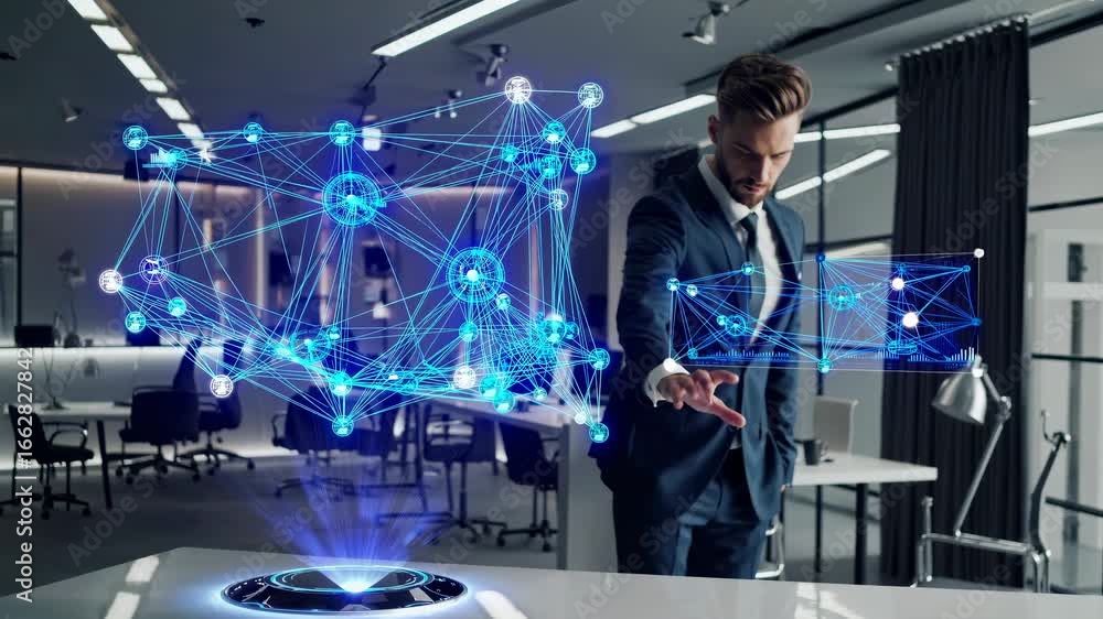 Poster futuristic office scene with a businessman interacting with holographic data. low-angle shot emphasi