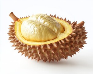 close-up of a halved durian fruit showing its spiky outer shell and creamy yellow flesh inside