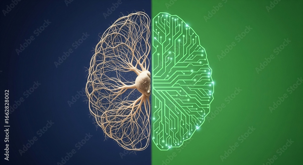 Poster illustration of an artificial intelligence brain and a neural network representing modern technology