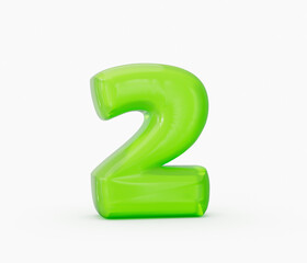 Vibrant green jelly number 2, glossy 3D render on white background. 3d illustration