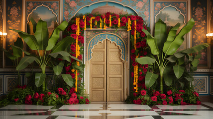 Grand Gold Palace Archway with Roses, Marigold Garlands, and Banana Leaves in Luxurious Floral Backdrop
