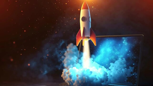Rocket Launching from Laptop Screen in Cosmic Background, Business Concept