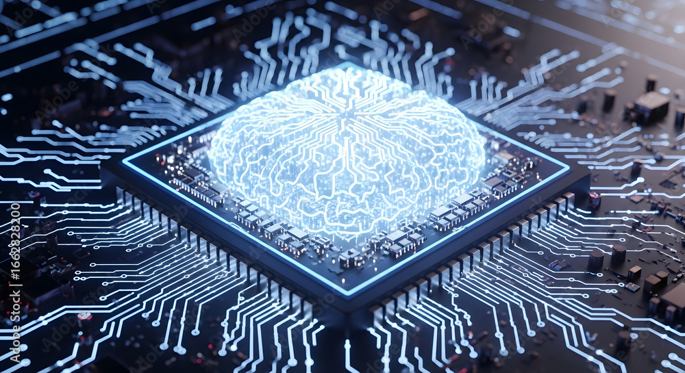 Fototapete artificial intelligence brain integrated into a modern computer processor, showcasing the convergenc
