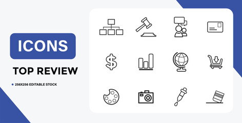 Set of line icons for business finance art and law topics