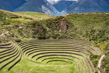 Scenic view with the circular agricultural terraces of Moray an Inca archaeological site in the...