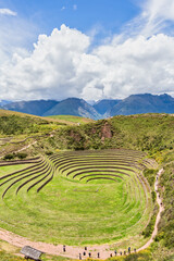 Scenic view with the circular agricultural terraces of Moray an Inca archaeological site in the Sacred Valley of Peru.