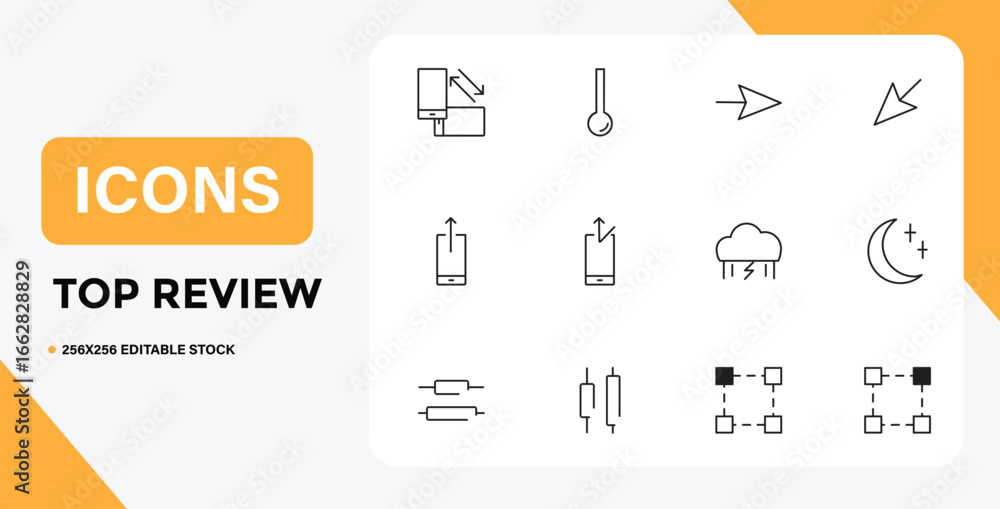 Poster set of minimalist icons representing various functions and activities in black outline