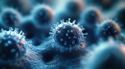Close-up view of spherical virus particles with spike proteins on textured surface under blue lighting conveying microscopic biological environment