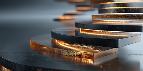 Abstract black and gold coin-shaped podiums with light reflections on gray background, modern minimalist design for elegant product presentation and luxury branding
