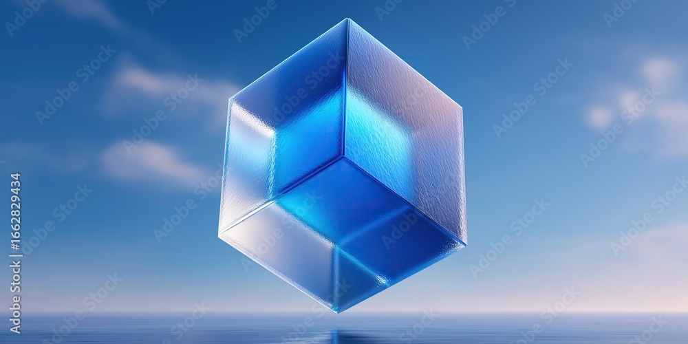 Poster blue gradient glass cube floating against sky and sea background, showcasing translucent effects and
