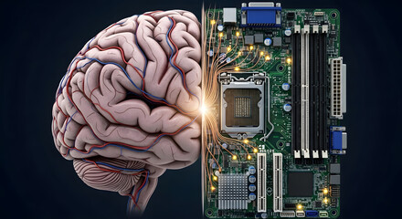 Conceptual fusion depicting the integration of human brain anatomy with advanced circuit board technology signifying cognitive computation and the future of artificial intelligence systems