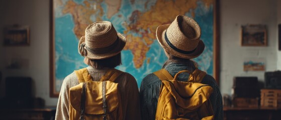 The travelers contemplating their next adventure in front of a world map.