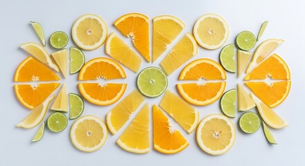 Artistic flat lay composition of colorful sliced citrus fruits, featuring oranges, lemons, and limes arranged in a symmetrical geometric design