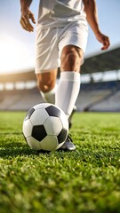 Fototapeta premium Low-angle close-up of soccer player and ball