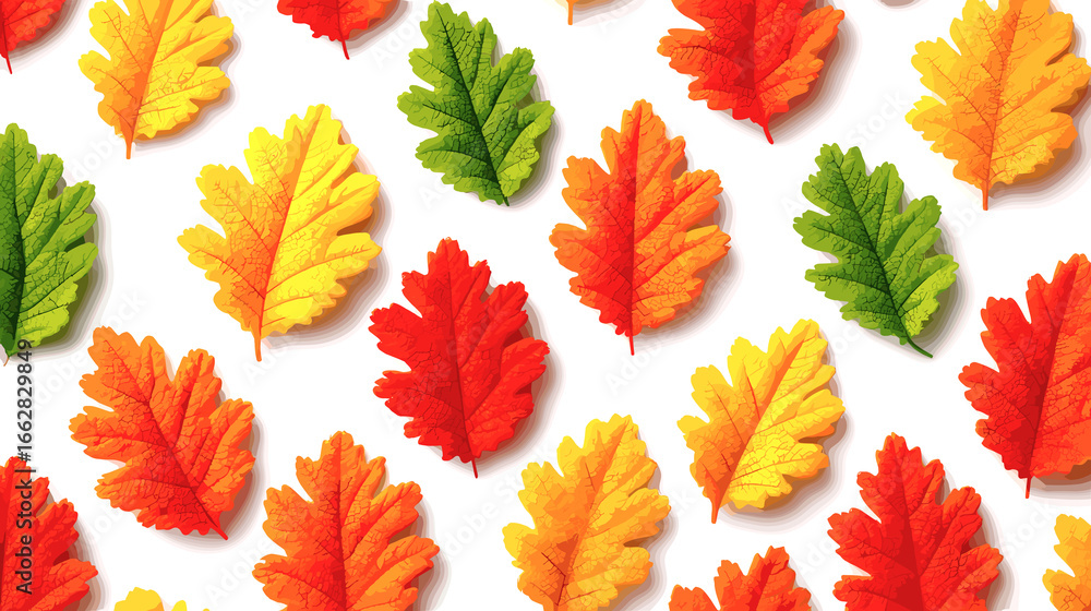 Poster a close up of many leaves of different colors, including red, yellow, and green. the leaves are arra