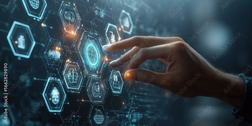 Poster close-up of a human hand interacting with glowing futuristic digital hexagonal interface with techno
