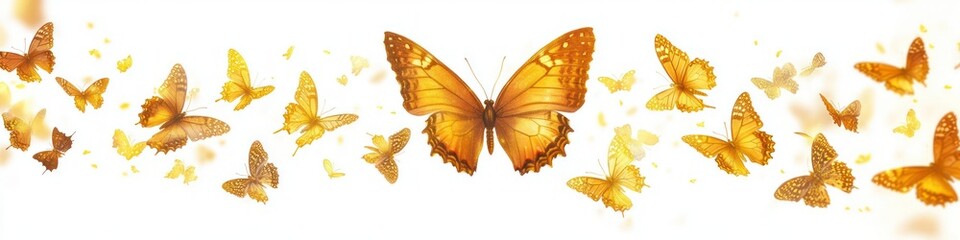 Fototapeta premium A vibrant swarm of orange and yellow butterflies gracefully flying across a bright white background, evoking feelings of freedom and natural beauty