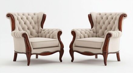 Pair of elegant beige upholstered armchairs with button tufting and polished wooden armrests and legs on a white background