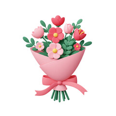 Mother's Day floral bouquet: a minimalist 2D flat vector illustration with sculpted 3D flowers wrapped in a smooth pink gradient ribbon, isolated on a clean white background.