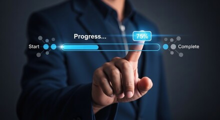 Man taps progress bar on screen showing development at seventy five percent