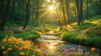 Fototapeta premium Sunlit forest with a flowing stream surrounded by colorful wildflowers and tall trees creating a peaceful and serene natural scene