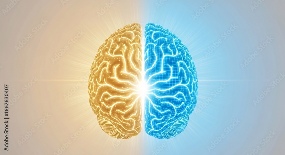 Poster conceptual digital illustration of a brain representing science and technology.