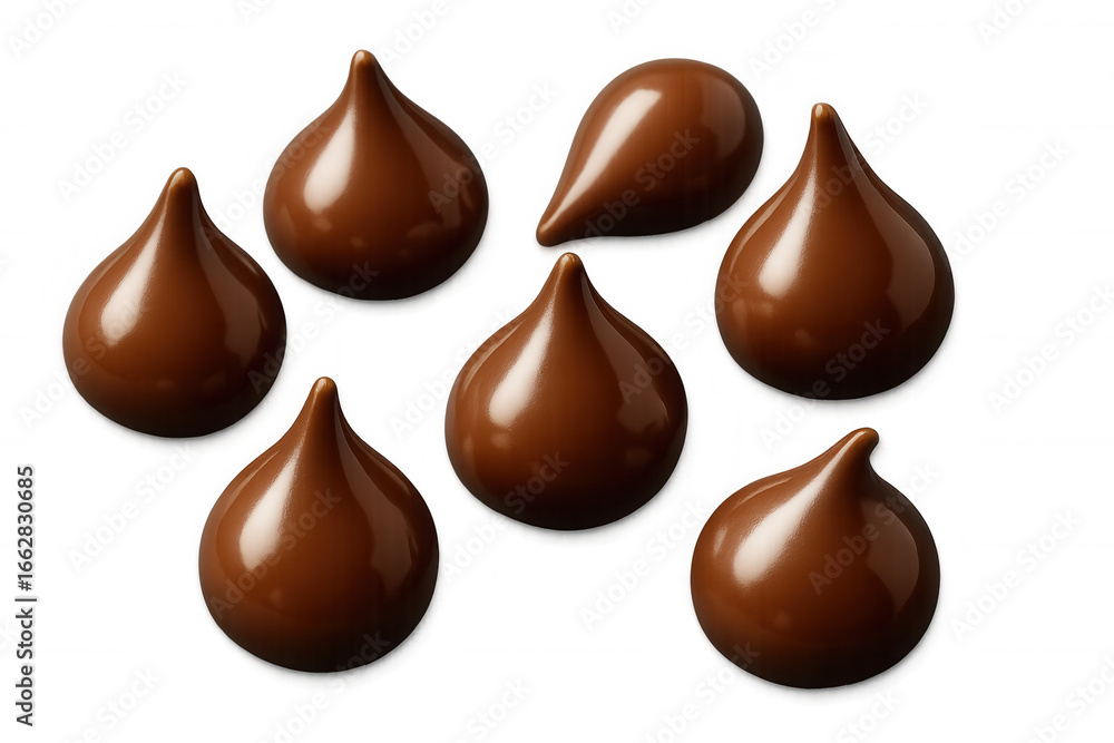 Poster Chocolate chips of various shapes falling against a transparent background, creating a tempting visual