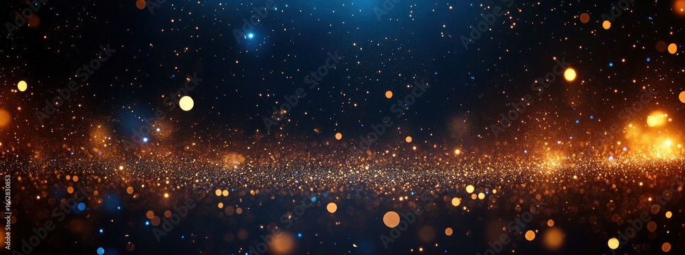 Poster glowing golden and blue particles scattered in a dark space creating a sparkling and magical atmosph