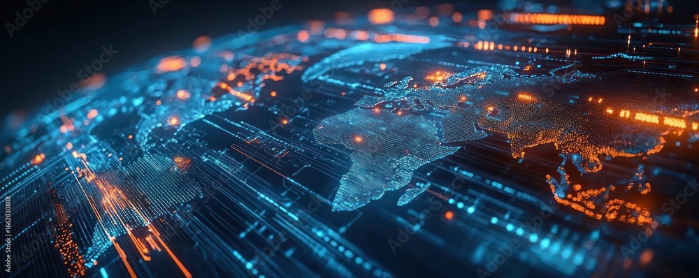 Poster futuristic digital representation of the world map illuminated with glowing blue and orange circuitr