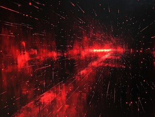 Dynamic red light streaks and particles radiating outward on a dark background creating a sense of motion and energy