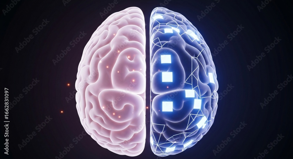 Poster illustration of a brain representing artificial intelligence and technology on a dark background.