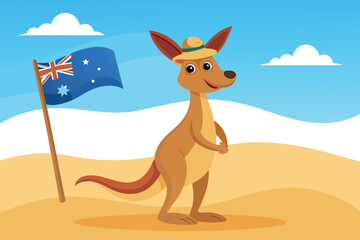Cartoon kangaroo with an australian flag standing in the desert landscape © Samiya