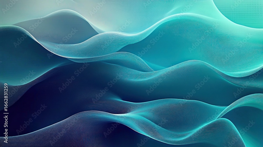 Poster abstract flowing blue and teal waves creating a smooth, serene, and fluid visual with a sense of dep