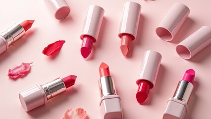 Obraz premium Top view of a vibrant collection of assorted lipstick shades. Makeup and cosmetic beauty products arranged in a frame on a delicate pink background