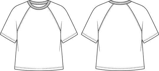 Unisex short sleeve raglan t-shirt fashion flat sketch, casual tee vector template, apparel technical drawing, modern clothing design, stylish garment illustration
