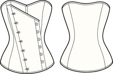 Vintage corset illustration, front and back view, fashion sketch, garment design, historical underwear, torso support, Victorian style drawing