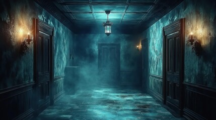 Dimly lit eerie hallway with wooden doors, flickering wall sconces, foggy atmosphere, and textured walls creating a mysterious and suspenseful mood