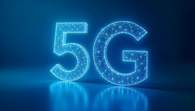 Glowing 5G network symbol with digital blue technology background