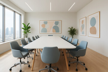 Modern conference room with abstract art and city view meeting room modern office