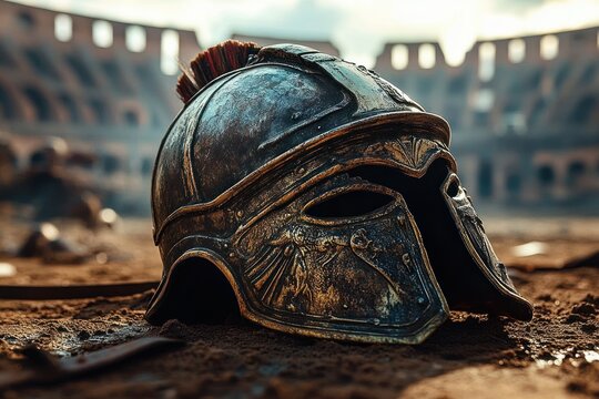 Ancient Roman gladiator helmet resting on sandy ground inside a large historic amphitheater under bright daylight