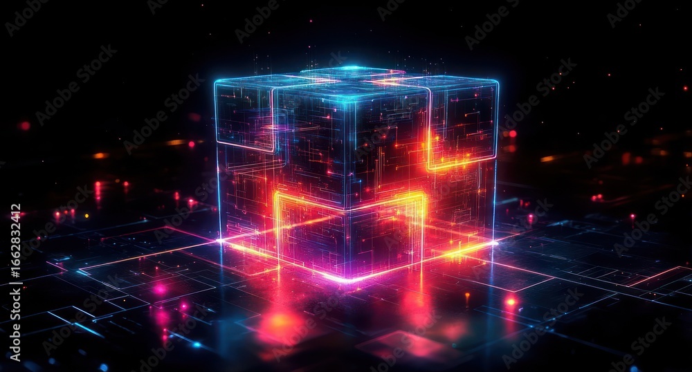 Poster glowing futuristic digital cube with neon blue and orange circuit-like patterns floating over a dark