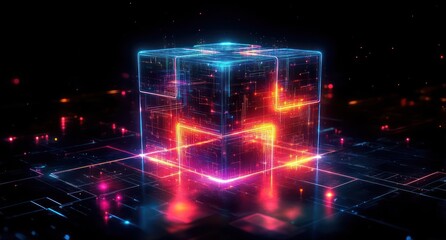 Glowing futuristic digital cube with neon blue and orange circuit-like patterns floating over a dark reflective high-tech surface