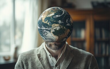 Man in casual attire with a realistic Earth globe replacing his head surrounded by a blurred indoor background with bookshelves
