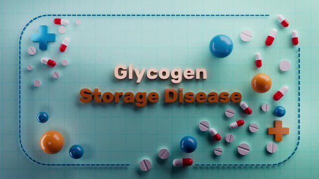 Animated text "Glycogen Storage Disease" on a 3D medical background. Ideal for biology education, cellular energy visuals, metabolic health, nutritional science, wellness content, or scientific medica