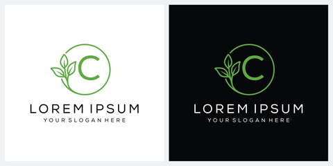 Initial letter c logo design, cosmetics fashion and beauty graphic vector, green leaf icon concept