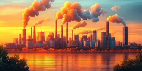 Industrial cityscape at sunset with numerous factory smokestacks emitting thick smoke over calm water reflecting warm orange and yellow hues, contrasted by greenery in foreground